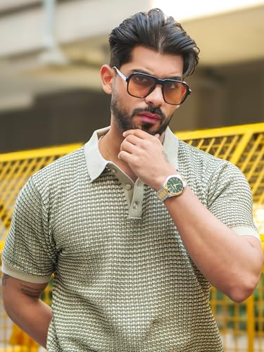 Image of Maniac Mens Grid Textured Green & Beige Polo Neck Half Sleeve Cotton Tshirt