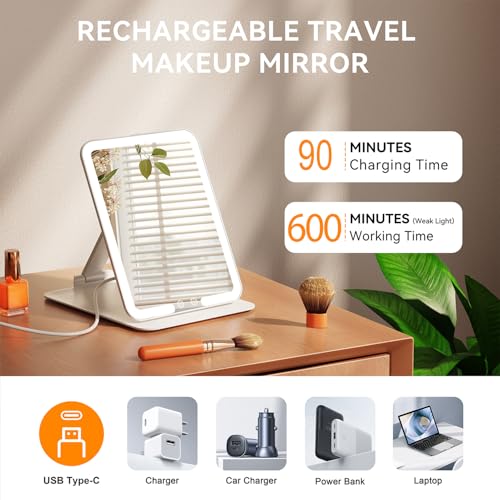 Auxmir Rechargeable Travel Makeup Mirror, Portable Travel Lighted Makeup Mirror with 3 Color Modes Dimmable, Compact Silm Tabletop LED Vanity Mirror with Touch Screen for Daily Bus image 4
