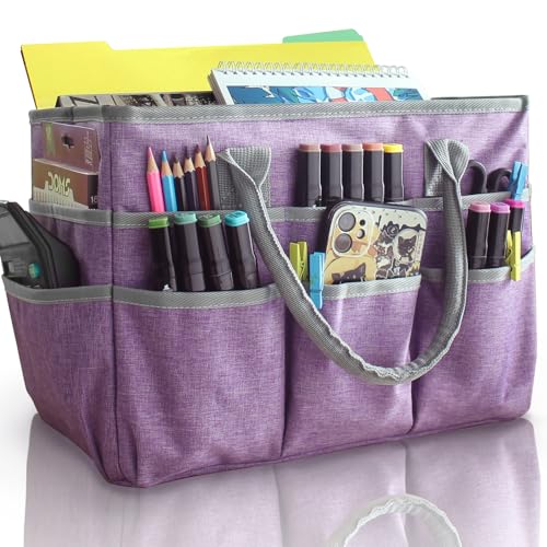 Cupohus Art Organizer Craft Storage Tote Bag with Pockets and Handles, Oxford Fabric Carrying Caddy for Teacher, Officer, Artist, Traveler, and more –Purple