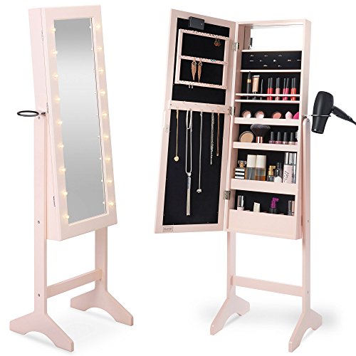 Beautify Mirrored Jewelry Armoire with LED Lights - Floor Standing Organizer Cabinet with Internal & External Mirror - Blush Pink