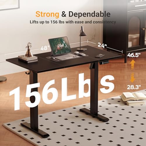 Image of YDN Electric Standing Desk Adjustable Height, 48 x 24 Inches Sit Stand up Desk with Memory Presets & Cable Management, Home Office Desk for Office & Computer Workstation, Black Frame /Black Top