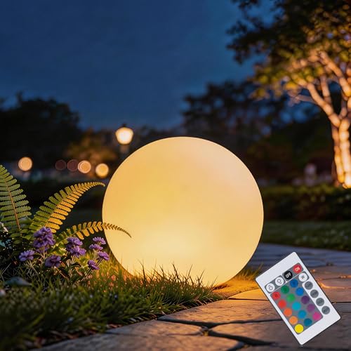 FANOAULEA 8 Inch Ball Light Outdoor Glow Globe Light with Remote Control LED Solar Gazing Ball Night Light 16 Modes RGB Color Changing Waterproof Solar Globe for Garden Yard Pathway Decor
