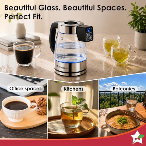Image of Wonderchef Crystal Tap & Flow Glass Kettle & Hot Water Dispenser, 1.7 L Borosilicate Glass Jar, Built-in Battery, Temperature Sensor & Control, Multi-purpose, Portable inside Homes, 1-Yr Warranty