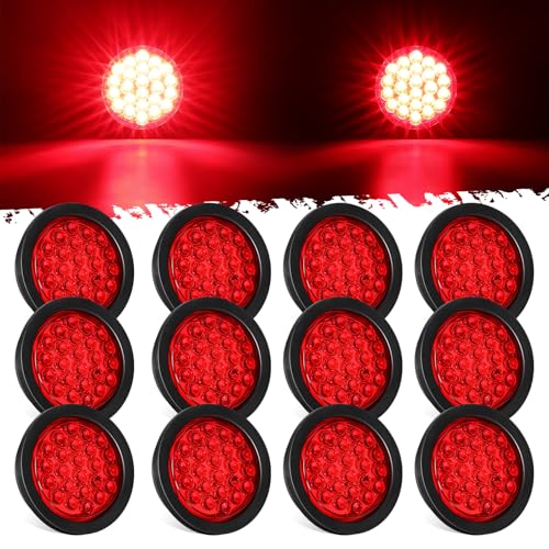 Partsam 12Pcs 4 Inch Round Led Trailer Tail Lights Kit Red 24 LED Waterproof 4 Brake Stop Turn Tail Marker Trailer Lights Sealed Flush Mount for Truck RV Boat UTE UTV 12V Grommet Plug Included