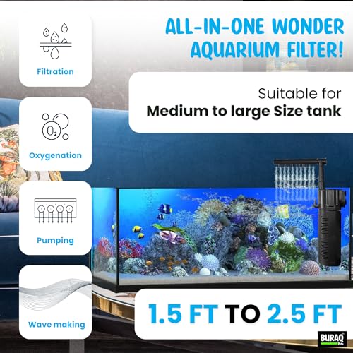 Image of Buraq Silent Fountain Aquarium Filter - 4-in-1 Submersible Pump for Filtration, Oxygenation, Wave & Fountain, 18W Powerful Water Flow 1000L /H, Multi-Mode Fish Tank Filter (1.5-2.5 FT Tanks)