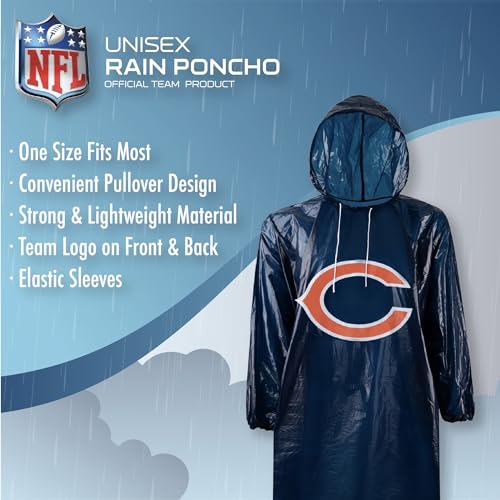 Image of NFL Waterproof Rain Poncho for Adults, Sporty, Elastic Sleeves and Drawstring Hood, Unisex Rain Coat