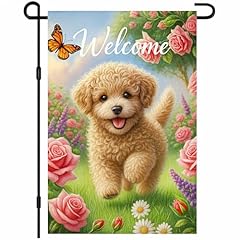 Happy golden puppy in flowers