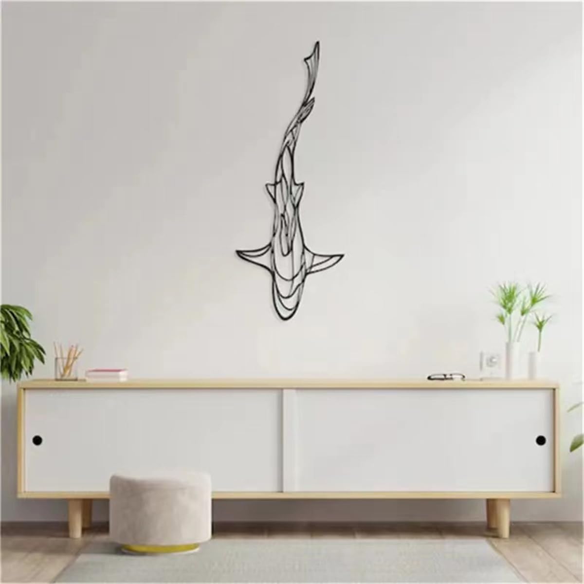 LMYSXAOZ Shark Metal Wall Decor, 3D Fish Decor,Abstract Line Art Sculpture,Ocean Hanging Decor Art,60X25cm