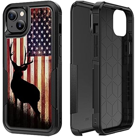 CaseZoo Defender Case for iPhone 14, Heavy Duty 360 Full Body Shockproof Protection Hard Plastic+Silicone Rubber Hybrid Protective Case for Apple iPhone 14 (Stars and Stripes Camo Deer) Cover