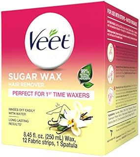 VEET Sugar Wax Hair Remover - Perfect for First Time Waxers - Contains 12 Fabric Strips & 1 Spatula with a Temperature Indicator