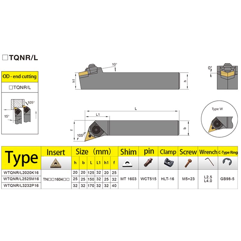 1pc WTQNR2020K16 WTQNR2525M16 WTQNR3232P16 External Turning Tool Holder TNMG1604 10pcs Carbide Inserts CNC Lathe Cutting Tools(NO Cutter bar,TNMG160404 TC9170)