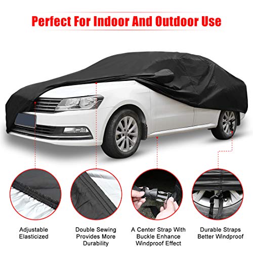 Image of uxcell 190T 450x175x150cm Black Car Cover Waterproof Breathable Scratch Rain Snow Heat Resistant with Driver Door Zipper Mirror Pocket and Reflective Strips