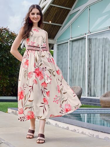 Image of EthnicJunction Women's Silk Blend Anarkali Floral Print Sleeveless Kurta with Attached Blet