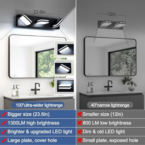 Image of Torondo 360 Rotate LED Bathroom Vanity Light Fixtures, Acrylic Vanity Lights for Bathroom, Modern Wall Lighting Fixtures Over Mirror Living, Matte Black, Natural White, 3-Light, 23.6-Inch
