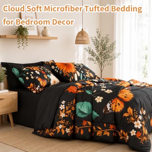 Image of BOV Textile Black Floral Comforter Set, Queen, 7-Piece Bed in a Bag | 7-Piece Queen Bed in a Bag with a 90 x 90 in Puffy Comforter, Floral Shams, Sheets, Pillowcases and 14 in Fitted Sheet
