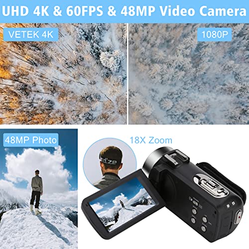 Vetek Video Camera Camcorder 4K, Vlogging Camera For Youtube, 3.0“ Lcd Screen 18X Digital Zoom Video Recording Camera With Wifi Digital Video Camera, 32Gb Sd Card, 2.4G Remote And 2 Batteries #TOP1