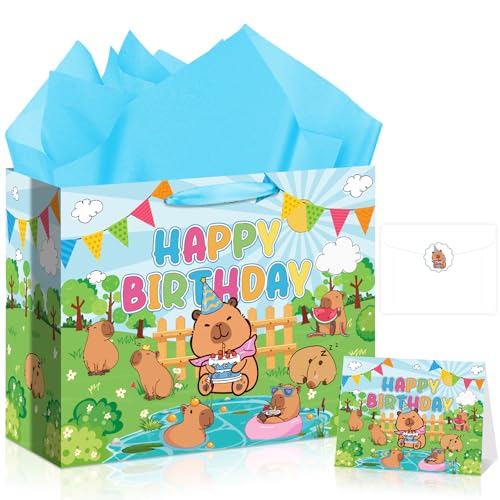 Siglowvix Capybara Gift Bag Cute Capybara Birthday Bag with Wrapping Paper Card Sticker Envelope Colorful Animal Capy Party Decorations for Boys Girls Birthday Gifts Goodies Bag Baby Shower Favors