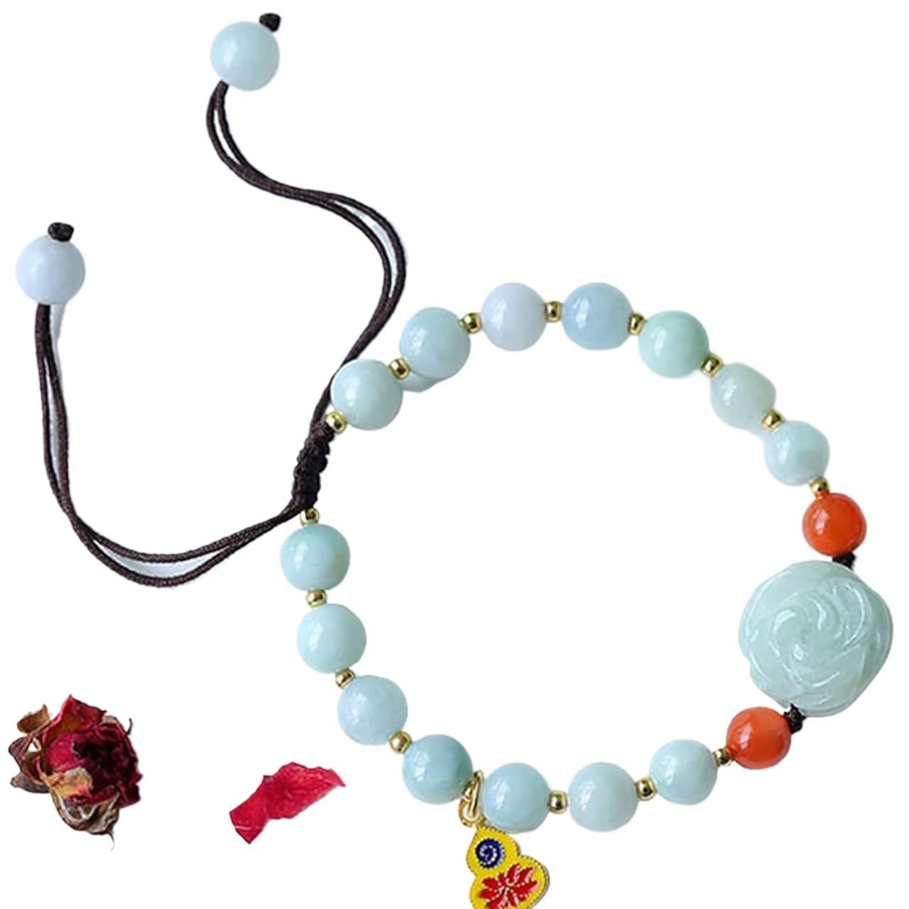 OIFAODAO Rosary bracelet, Natural Gemstone Bracelet Emerald Jade Flower Lucky Charm(Jade)