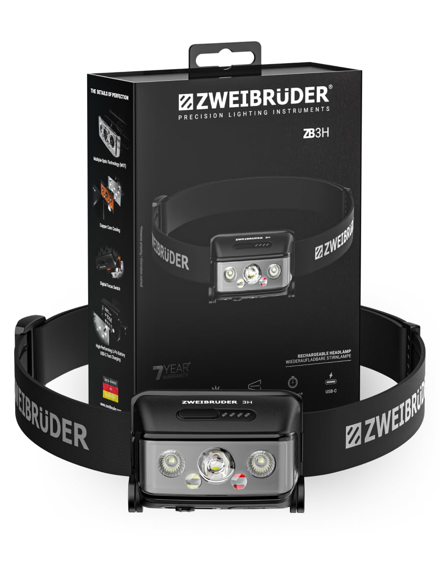 Zweibrüder ZB3H Torcia Frontale LED 600 Lumen – Lampada Frontale Ricaricabile USB-C con Digital Focus, Luce Rossa, MOT Multiple Optic Technology, Leggera e Regolabile, Ideale per Outdoor e Camping