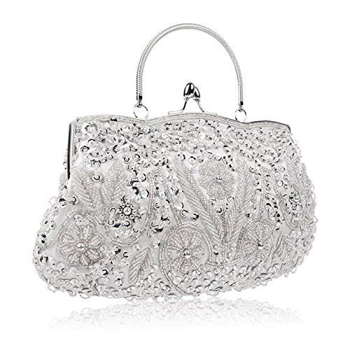 Tmore Beaded Sequin Design Flower Evening Purse Large Clutch Bag (Silver) #TOP1