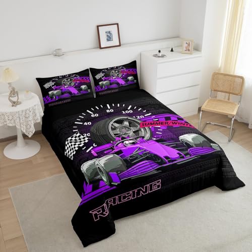 Image of Feelyou Kids Purple Racing Car Duvet Insert Queen Size, Extreme Sports Comforter Set Boys Girls Karting Road Bedding Set Teens Bedroom Decor Bed Set 3Pcs