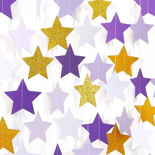 Image of Purple-Lavender White-Gold Party-Decorations Star Garland - 62ft Streamers Hanging Banner,Girl Birthday Wedding Twinkle Twinkle Little Star Baby Bridal Shower Graduation Decor Hugtmr