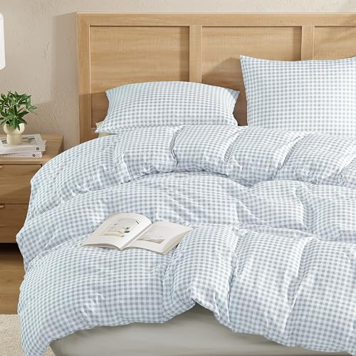Image of Andency Gingham Duvet Cover Full Size, Blue Checkered Plaid Bedding Set, 3 Pieces Soft Prewashed Polyester Comforter Cover with Zipper Closure & Corner Ties