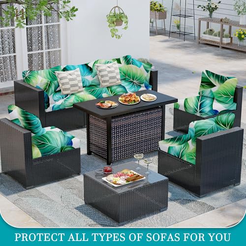 Image of 12 Pcs Stretch Patio Cushion Covers,Outdoor Couch Covers Replacement,Outdoor Couch & Sofa Slipcovers,for Patio Furniture Cushion Covers,Washable Reusable Furniture Protector (Green Leaf,Cover Only)