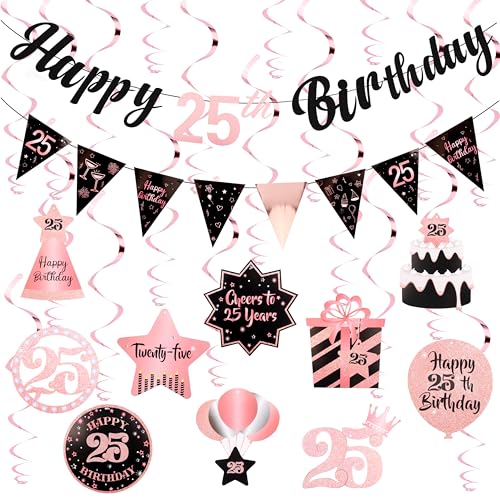 Image of 25th Birthday Decorations for Women Rose Gold Pink Pre Strung Happy 25th Birthday Banner and Hanging Swirls 25 Year Old Party Decorations Supplies