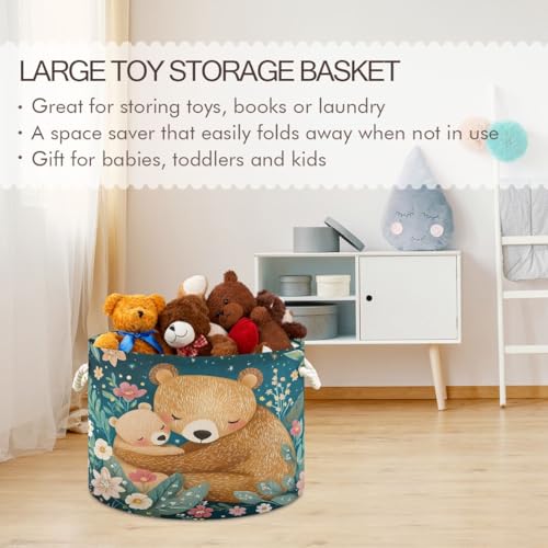 Image of Storage Bin Basket Large Foldable Clothes Bag Round Collapsible Fabric Laundry Hamper Folding Washing Bin Bear Mama Baby Flowers