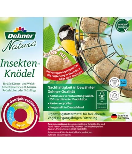 Dehner Natura Premium Meisenknödel ohne Netz, Insektenknödel, ganzjähriges Wildvogelfutter proteinreich / energiereich, im Eimer, 100 Stück je 90 g (9 kg)