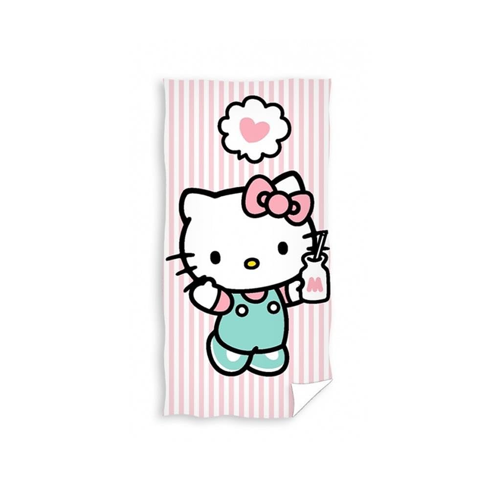 Carbotex Hello Kitty Milkshake Stripe 100% Cotton Towel for Kids Bathroom Swimming Pool Sport or Beach in Pink 140x70cm (HK2431042-R)