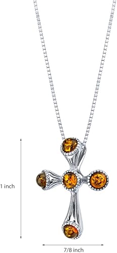 Miniatura 6 de PEORA Collar con colgante de cruz de ámbar báltico genuino para mujer en plata de ley, color coñac rico con cadena de 18 pulgadas, collar de ámbar