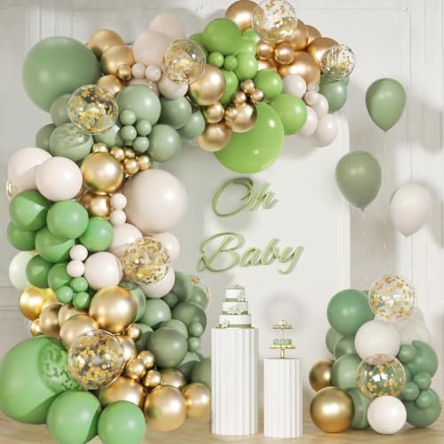 Image of Sage Green White Gold Balloon Garland Arch Kit 143pcs,for Birthday Baby Shower Gender Reveal Wedding Party Decoration