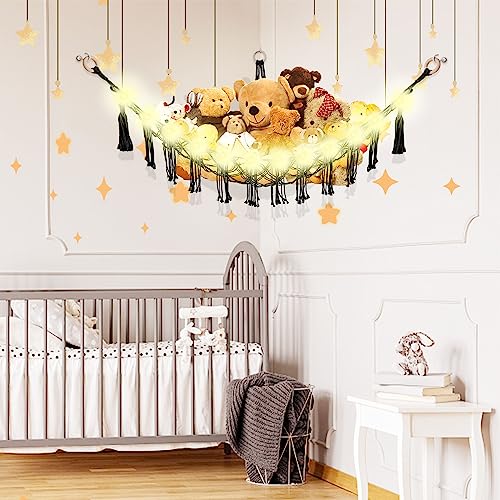 Image of CERETIA Stuffed Animal Hammock with LED Light, Large Stuffed Animals Storage Corner Plushie Net for Kids Room Decor, Black