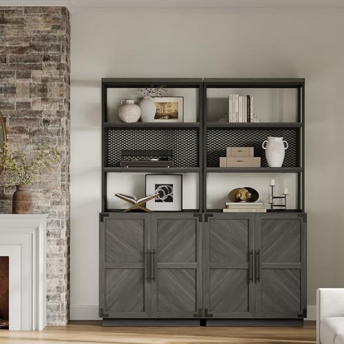 SICOTAS Tall Bookshelf with Storage Cabinet - Modern Book Shelf with Doors and Shelves, 5 Tier Bookcase with Metal Frame Industrial Large Book Case for Home Office, Living Room, 75 Inch, Ash Ash Gray - Image 3