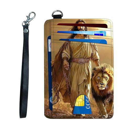 Ultra-Thin Front Pocket Wallet with Wrist Strap, RFID Blocking Security Pockets for Business Card Holder, PU Leather Secure Multi-slot Card Pocket, Lion Of Judah Jesus
