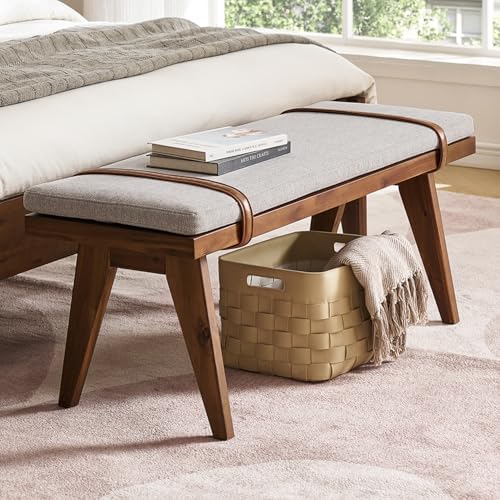 mopio Ted Mid-Century Modern End of Bed Wood Bench, Entryway Shoe...