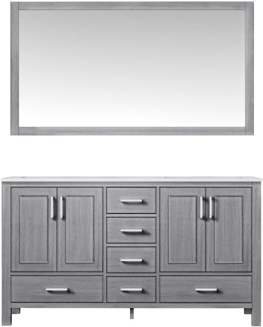 Jacques 60 in. W x 22 in. D Distressed Grey Double Bath Vanity, White Quartz Top, Faucet Set and 58 in. Mirror