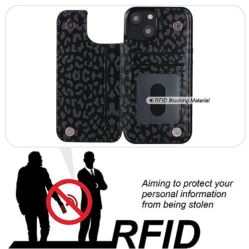 Image of HAOPINSH for iPhone 13 /14 Wallet Case with Card Holder, Black Leopard Cheetah Pattern Back Flip Case PU Leather Kickstand Card Slots Case for Women Girls, Double Magnetic Clasp Cover 6.1 inch