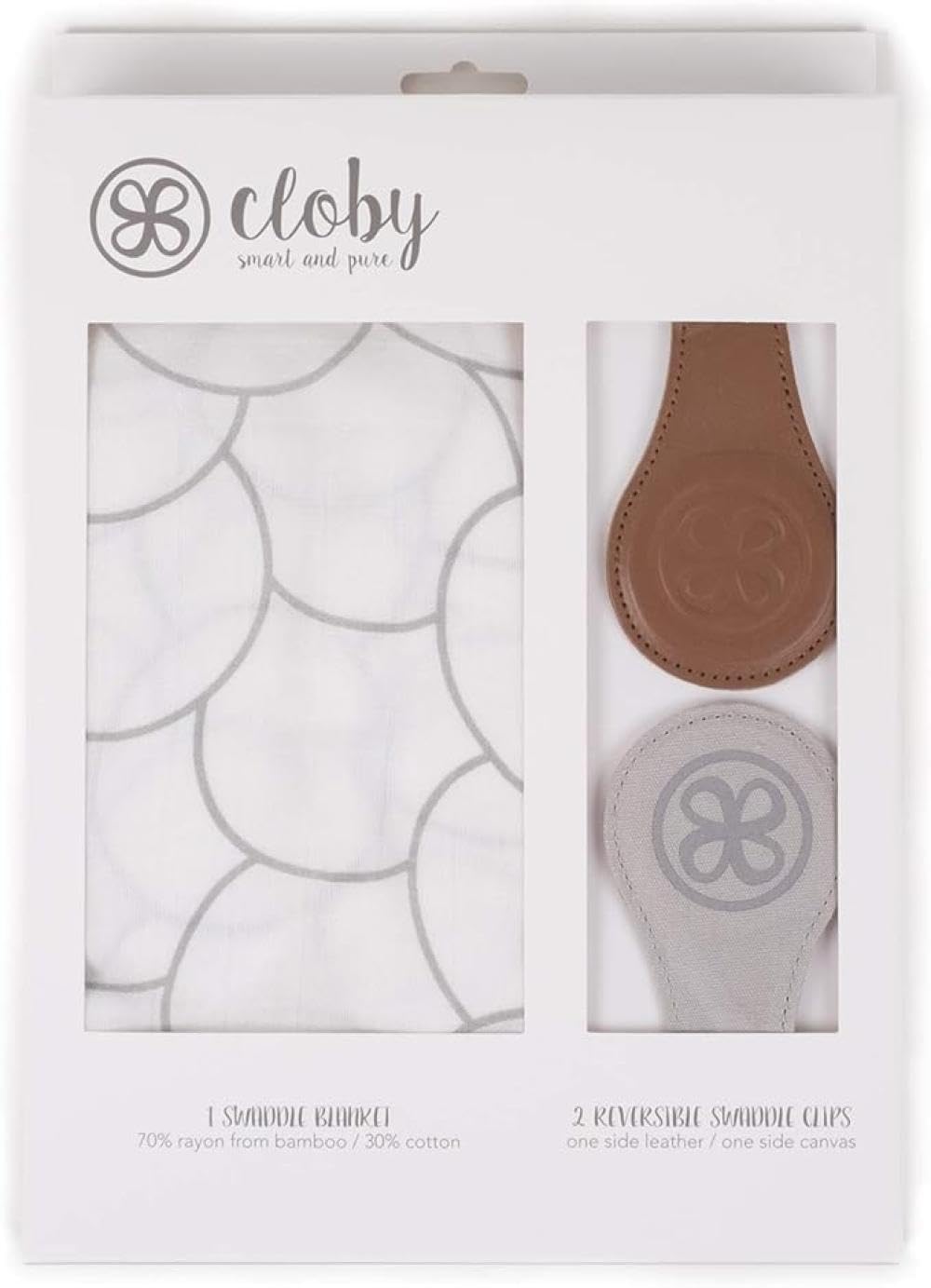 Cloby Wickeltuch 120x120 cm aus Bambus & Baumwolle mit 2 Magnet-Clips aus Leder & Canvas – Kinderwagen-Spanndecke braun/silberfarben – Babydecke atmungsaktiv & wendbar