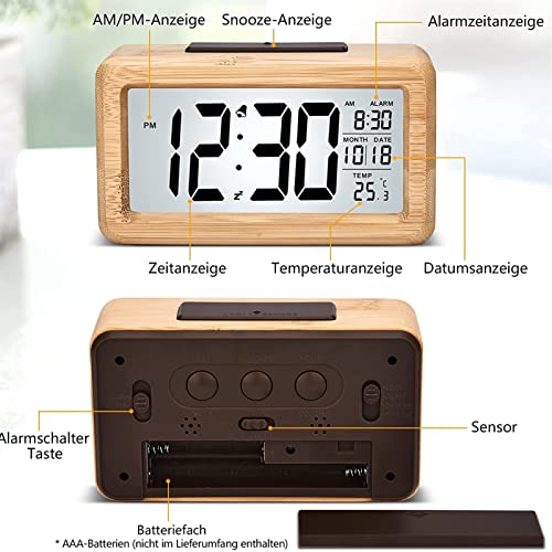 Mindong Hzh Digital Alarm Clock Digital Alarm Clock Wood Led With Light Control Sensor Function And Snooze, Date Emperature, 12/24 Hr Table Clock (Wood Color) #TOP2