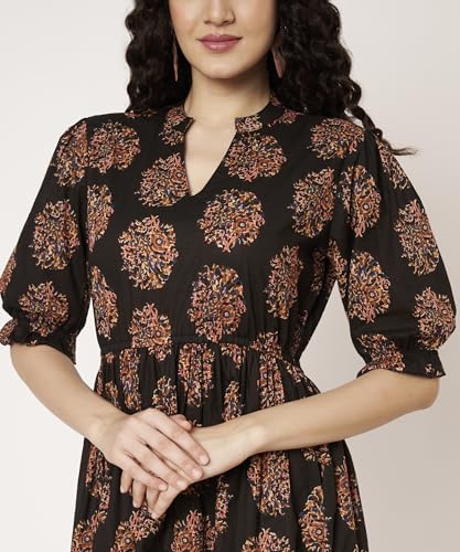 Image of PIDAVLIYA'S Women's Cotton Floral Printed Midi Dress | V-Neck Fit & Flare Dress with Puff Sleeves | Casual Summer Wear