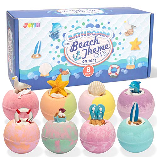 Bath Bombs for Kids with Beach Themed Toys, 8 Packs Handcrafted Kids Bath Bombs with Surprise Toy on The Top, Natural Essential Oil SPA Bath Fizzies Set, Boys Girls Kids Birthday Holiday Gift Set