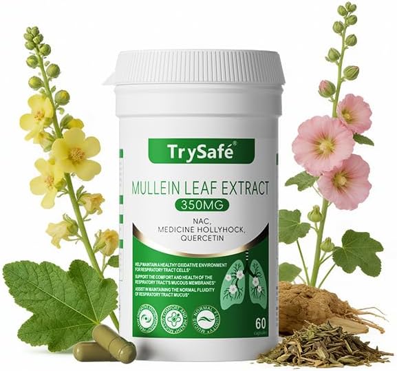 5-in-1 350mg Mullein Leaf Extract for Lungs - Blend with 200mg NAC, 200mg Medicine Hollyhock, 130mg Quercetin, 100mg Bromelain - Lung & Bronchial Cleanse* - Respiratory Health Support*