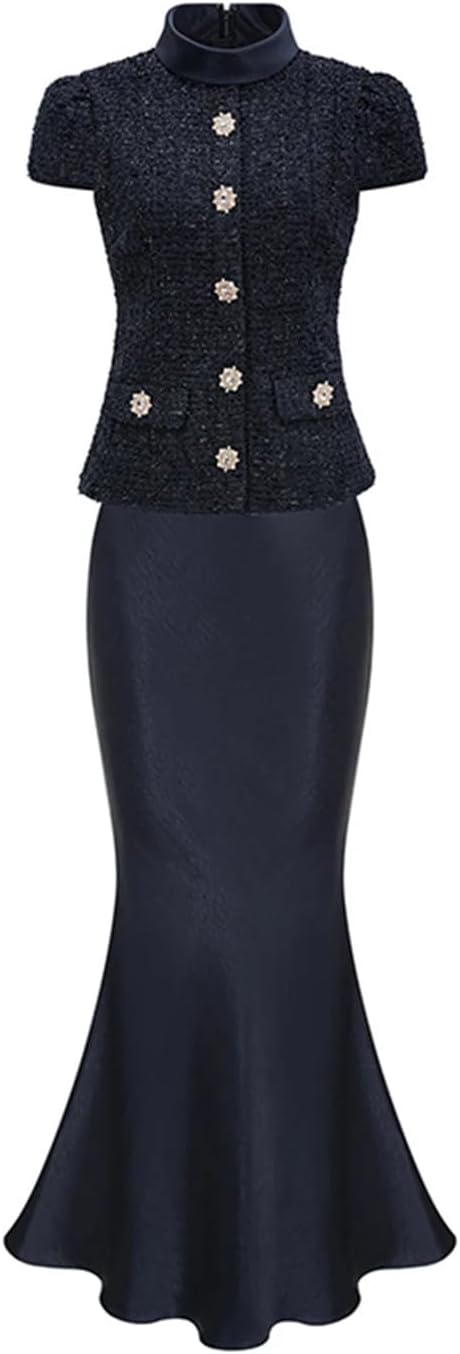 Women Stand Collar Short Sleeves Spliced Button Tweed Top High Waist Long Skirts Vintage Two Piece Sets