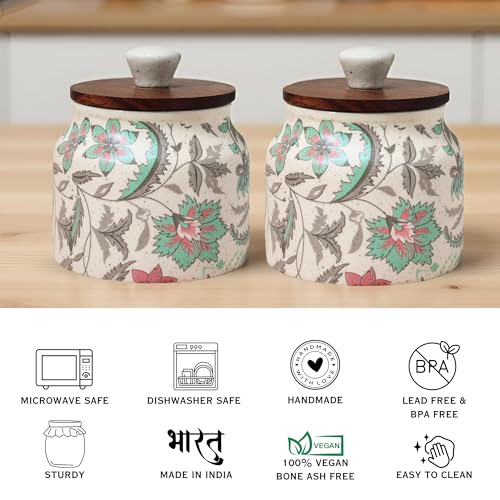 Image of Vistas 'Vintage Pastel' Airtight 380ml Set of 2 Ceramic Jar for Kitchen Storage | Handcrafted Ceramic Barni with Wooden Lid | Multipurpose Pickle, Spice & Salt Container
