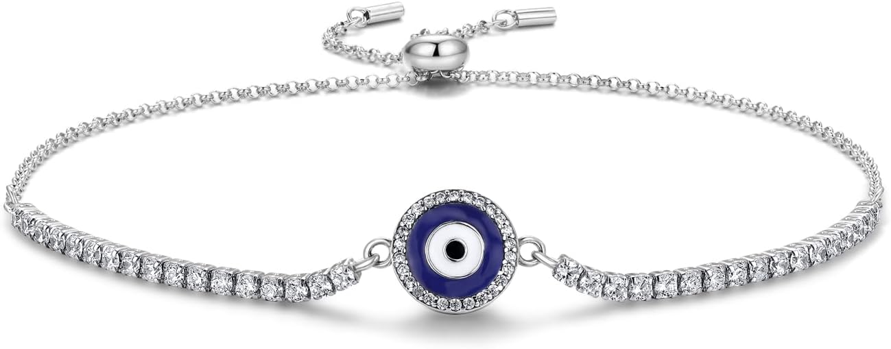925 Sterling Silver Evil Eyes Blue Demon Bracelet Adjustable Slider Bracelet for Women Symbol of Luck and Renewal Birthday Gift