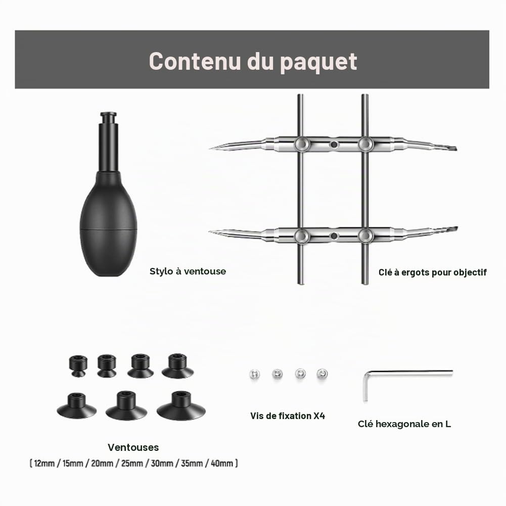 Ensemble de Ventouse et Clé à Lentille avec 7 Ventouses Interchangeables et Embouts Incurvés