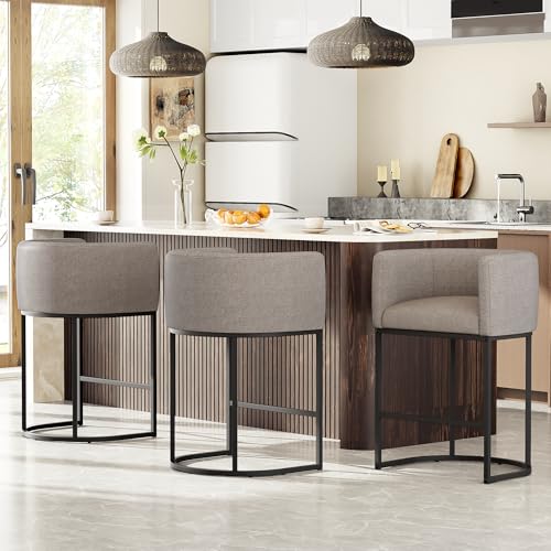 Image of 26 inch H Counter Height Bar Stools Set of 3, Modern Barrel Counter Stools with Backrest and Arms, Linen Fabric Upholstered Accent Barstools for Kitchen Island,Support 450 LBS (Sand)